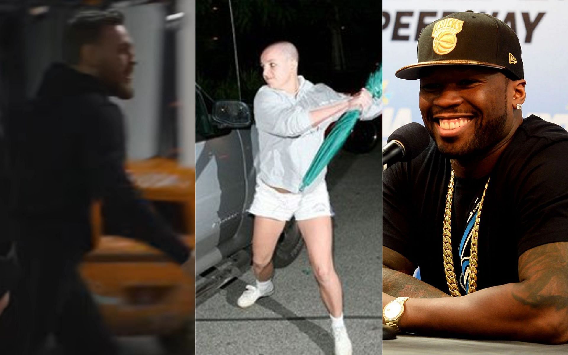 Conor McGregor (left), Britney Spears (center), and 50 Cent (right) [Images courtesy of UFC on YouTube, @Todaythatwas on Twitter, and Getty]