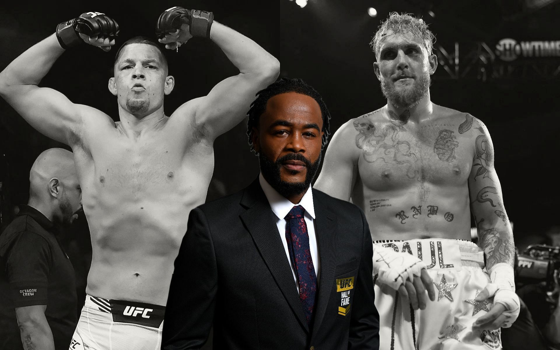 Nate Diaz (left), Rashad Evans (center), and Jake Paul (right) (Images via Getty and Instagram/Rashad Evans)