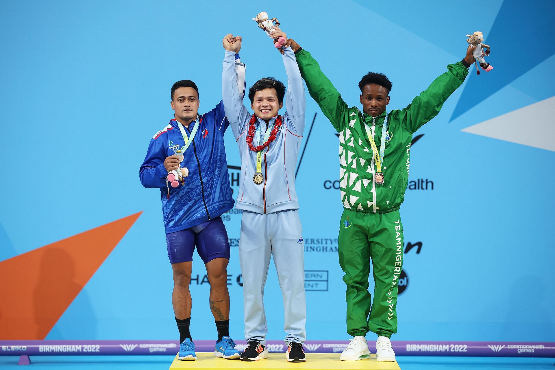 Weightlifting - CWG: Day 3 Men&#039;s 67kg weightlifting podium finishers