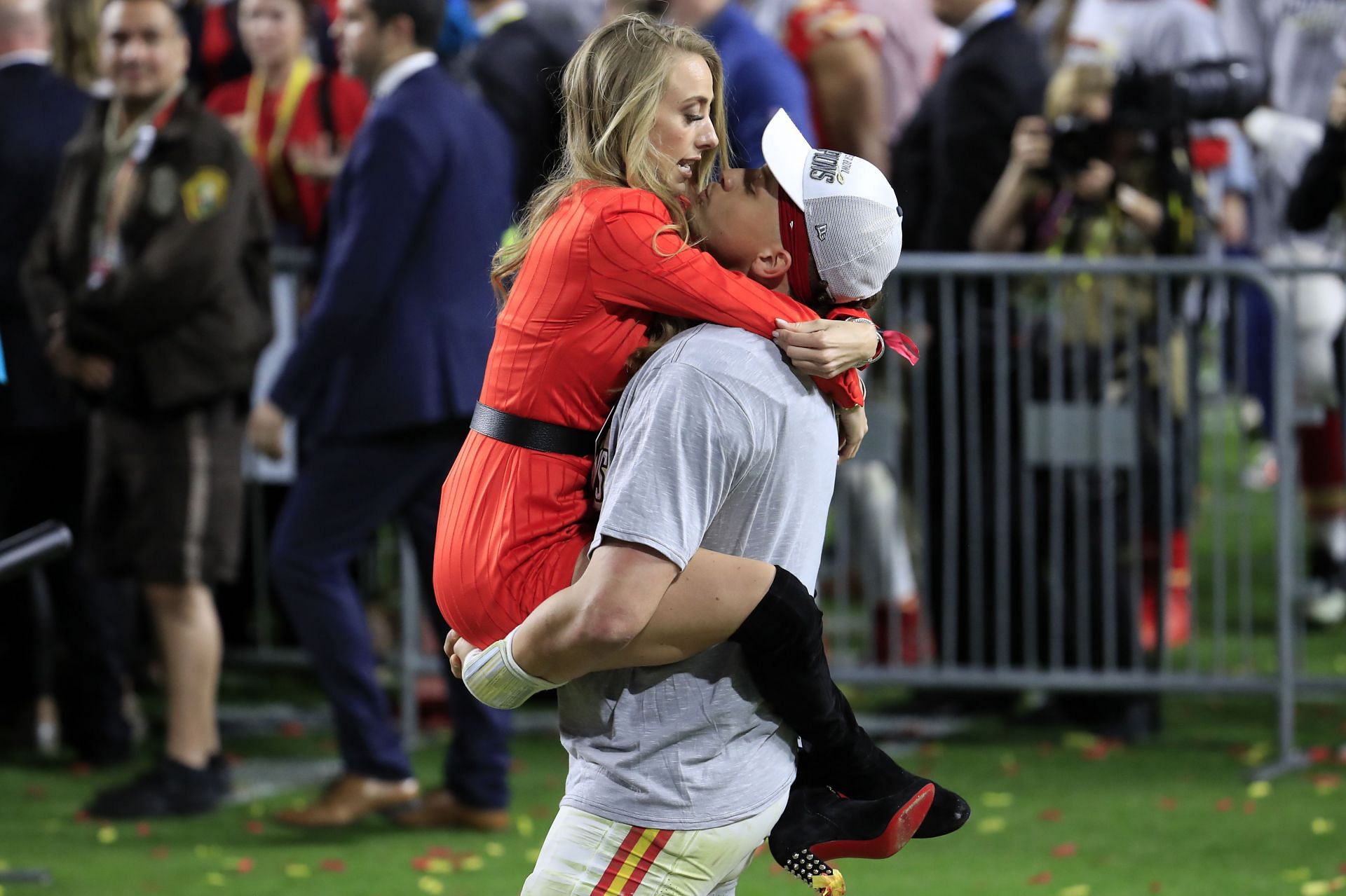Brittany Mahomes with her husband Patrick after an NFL game