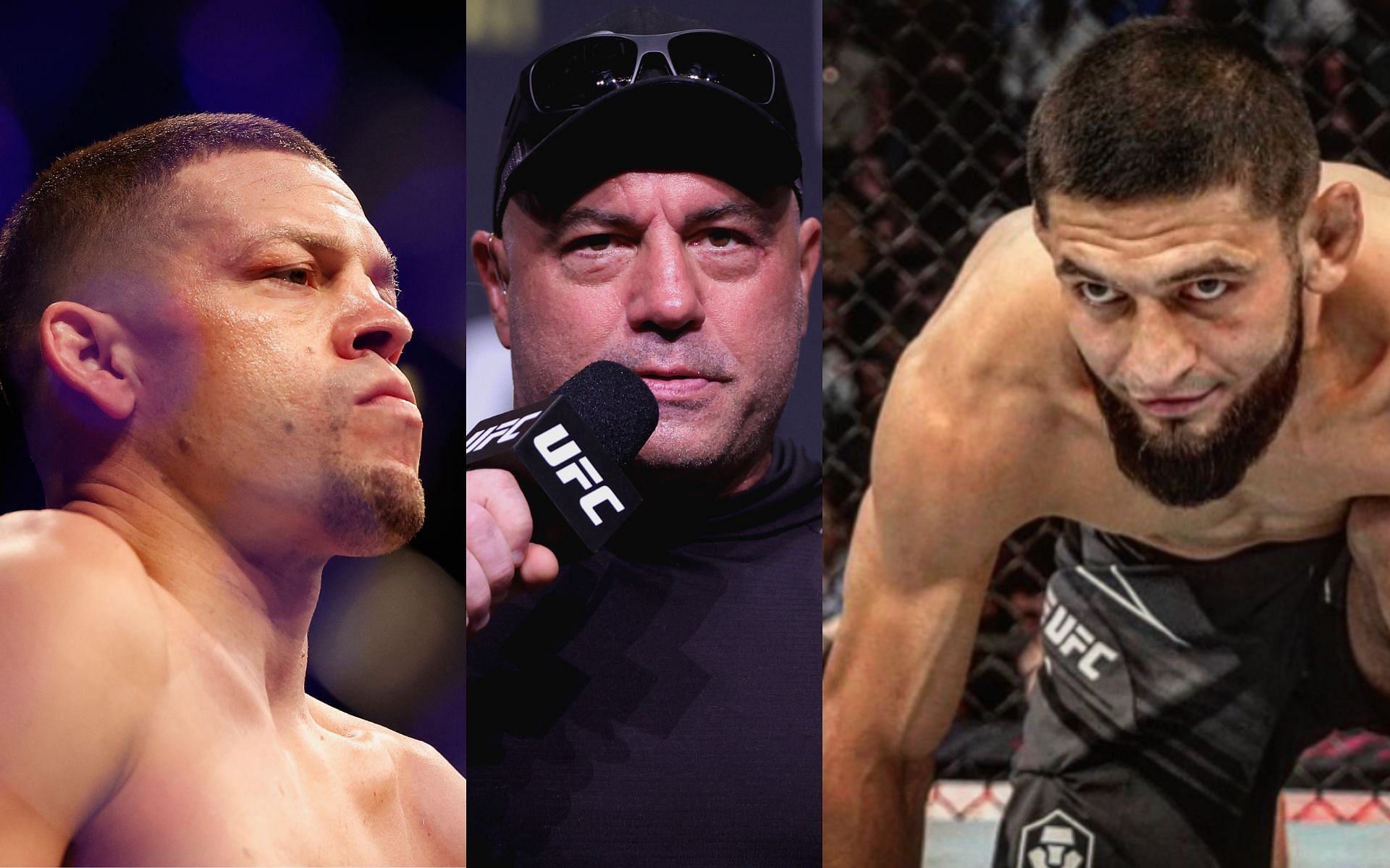 Nate Diaz (left), Joe Rogan (center), and Khamzat Chimaev (right). [Images courtesy: right image from Khamzat Chimaev&#039;s Instagram, center and left images from Getty Images]