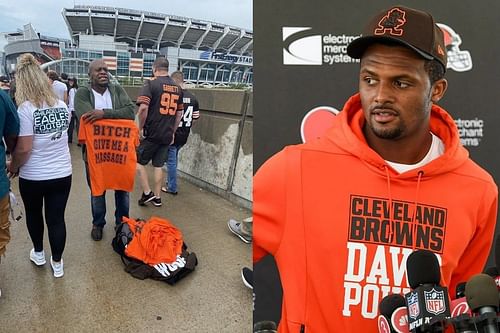 Left: Browns fan spotted selling horrible Deshaun Watson-inspired t-shirt (picture courtesy of NFL Memes on Twiter) outside First Energy Stadium; right: Browns quarterback Deshaun Watson