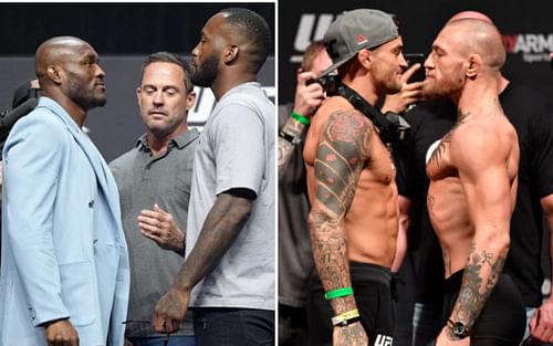 Kamaru Usman (far left), Leon Edwards (left), Dustin Poirier (right), and Conor McGregor (far right) [Images Courtesy: Getty and @leonedwardsmma on Instagram]