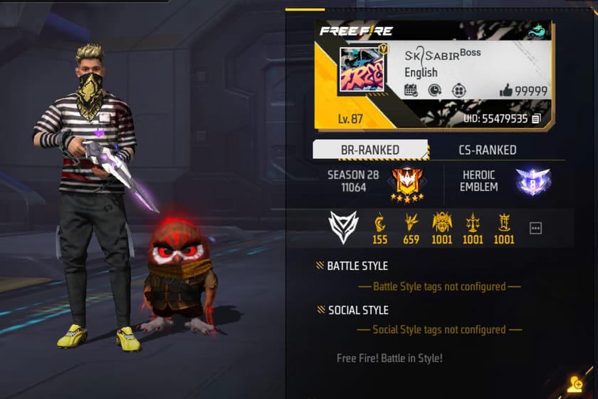 SK Sabir Boss’ Free Fire MAX ID, stats, K/D ratio, Headshots, and