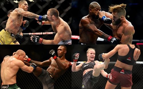 Clockwise, starting with the top left: Alex Pereira (L) vs. Sean Strickland (R), Bobby Green (L) vs. Rafael Fiziev (R), Marvin Vettori (L) vs. Israel Adesanya (R), and Valentina Shevchenko (L) vs. Joanna Jedrzejczyk (R)