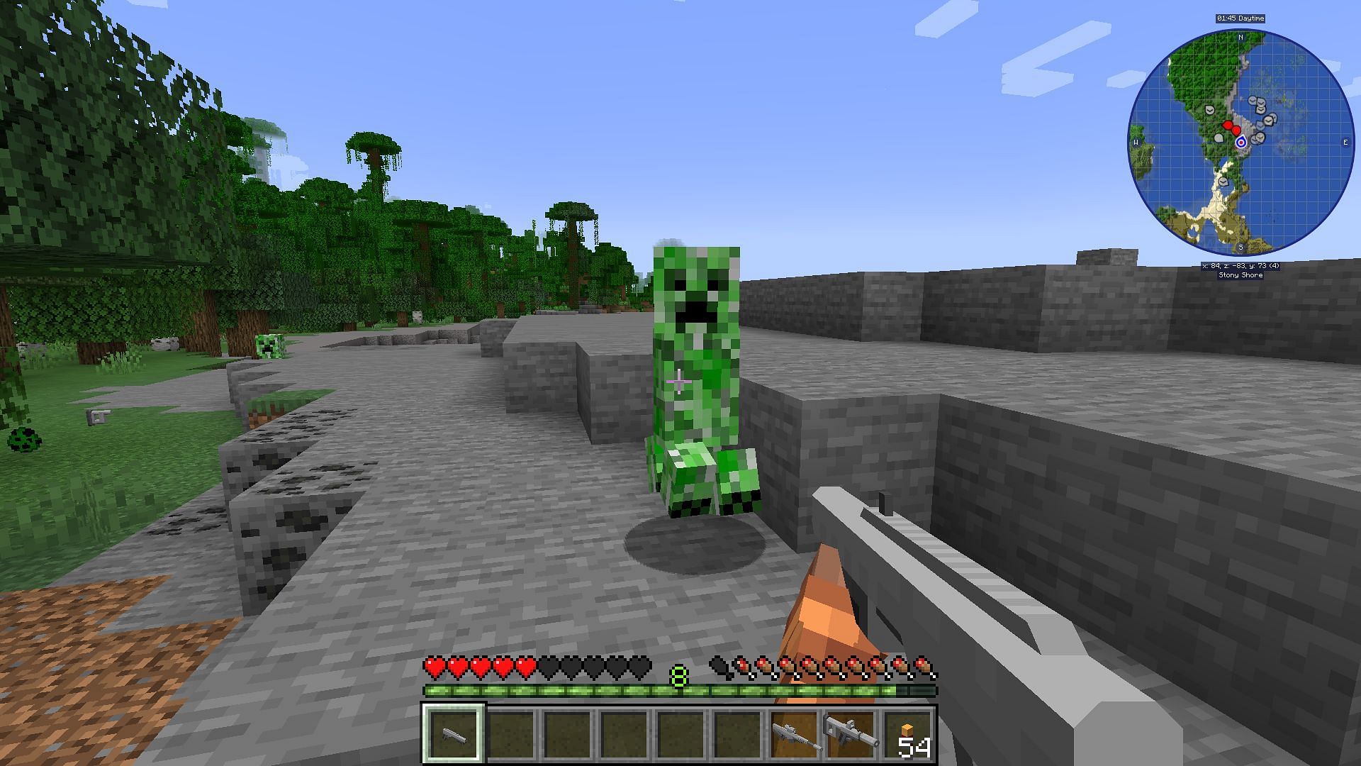 A player fighting off a creeper with a shotgun (Image via Minecraft)