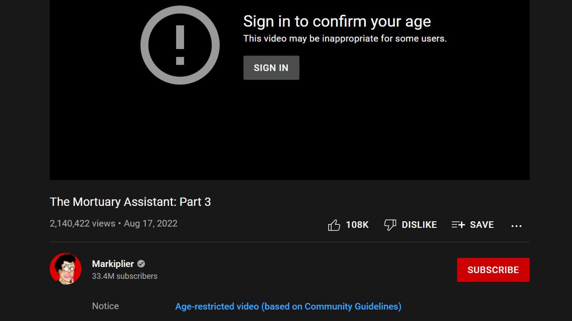 Markiplier&#039;s video after YouTube re-age restricted it (Image via Markiplier/YouTube)