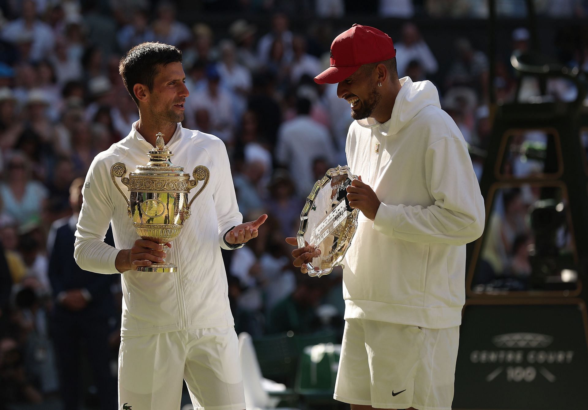 Novak Djokovic and Nick Kyrgios after the 2022 Wimbledon Championships final.