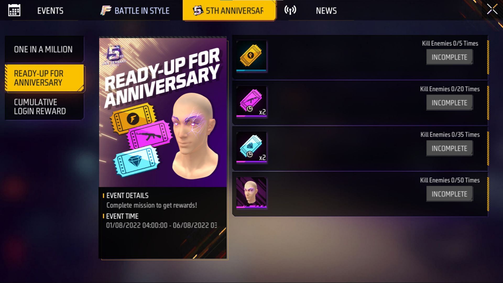 Users can receive multiple items in this new Ready-Up for Anniversary event (Image via Garena)