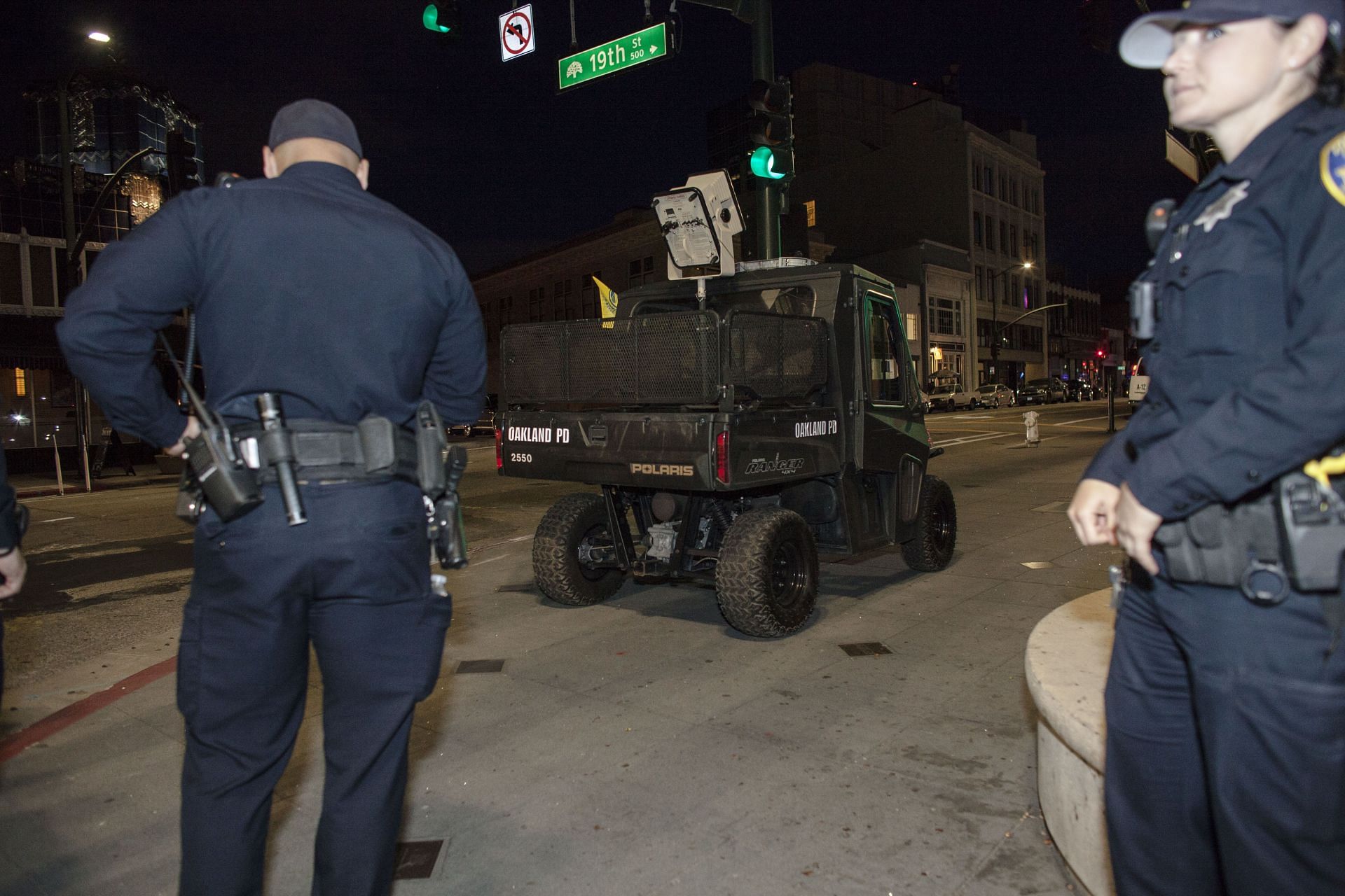 Oakland Police Department with specialized vehicles are pictured in Downtown Oakland.