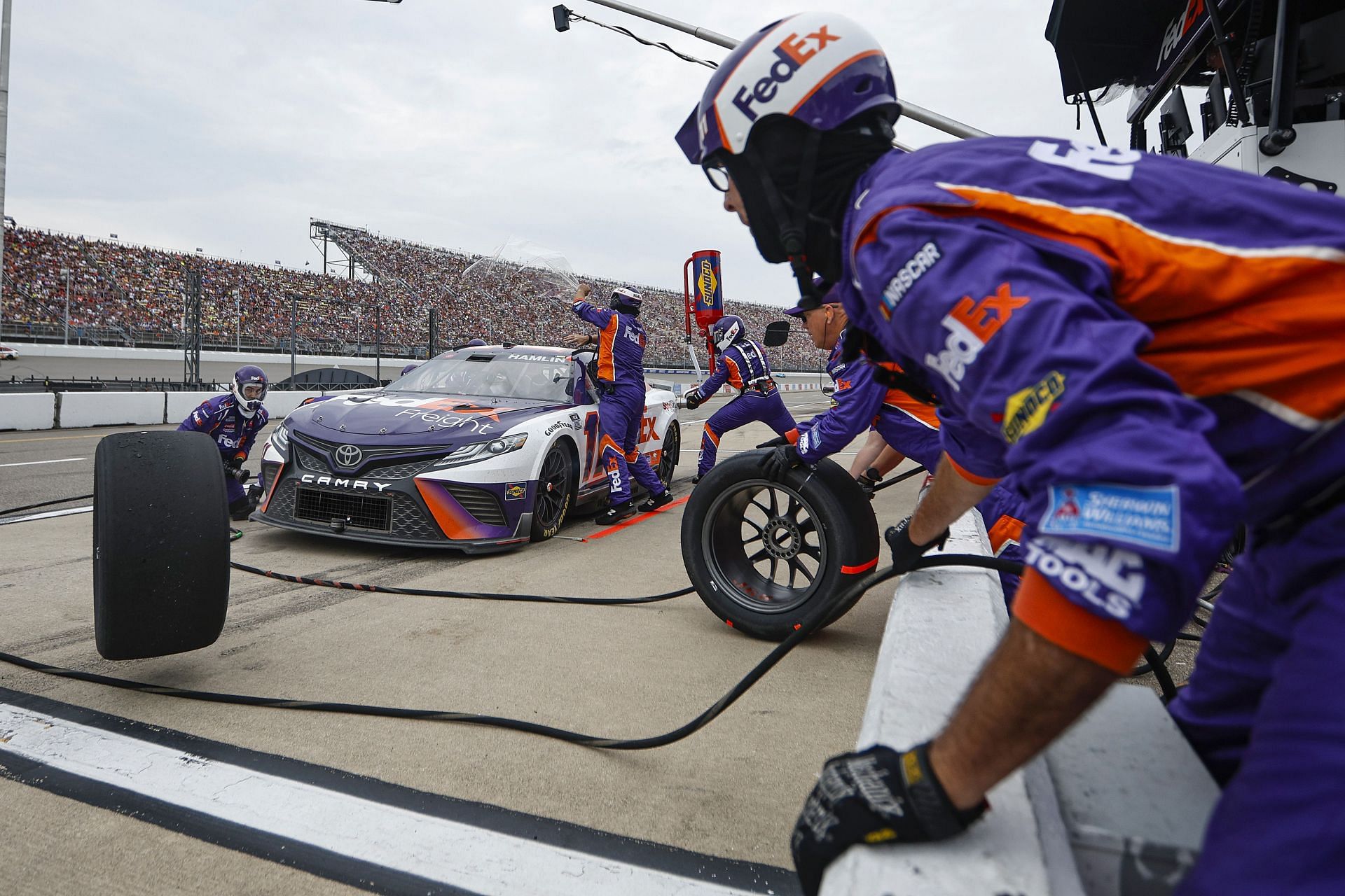Denny Hamlin pits during the 2022 NASCAR Cup Series FireKeepers Casino 400 at Michigan International Speedway in Brooklyn, Michigan (Photo by Sean Gardner/Getty Images)