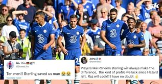 Twitter reacts as Raheem Sterling brace guides 10-man Chelsea to nervy 2-1 win over Leicester