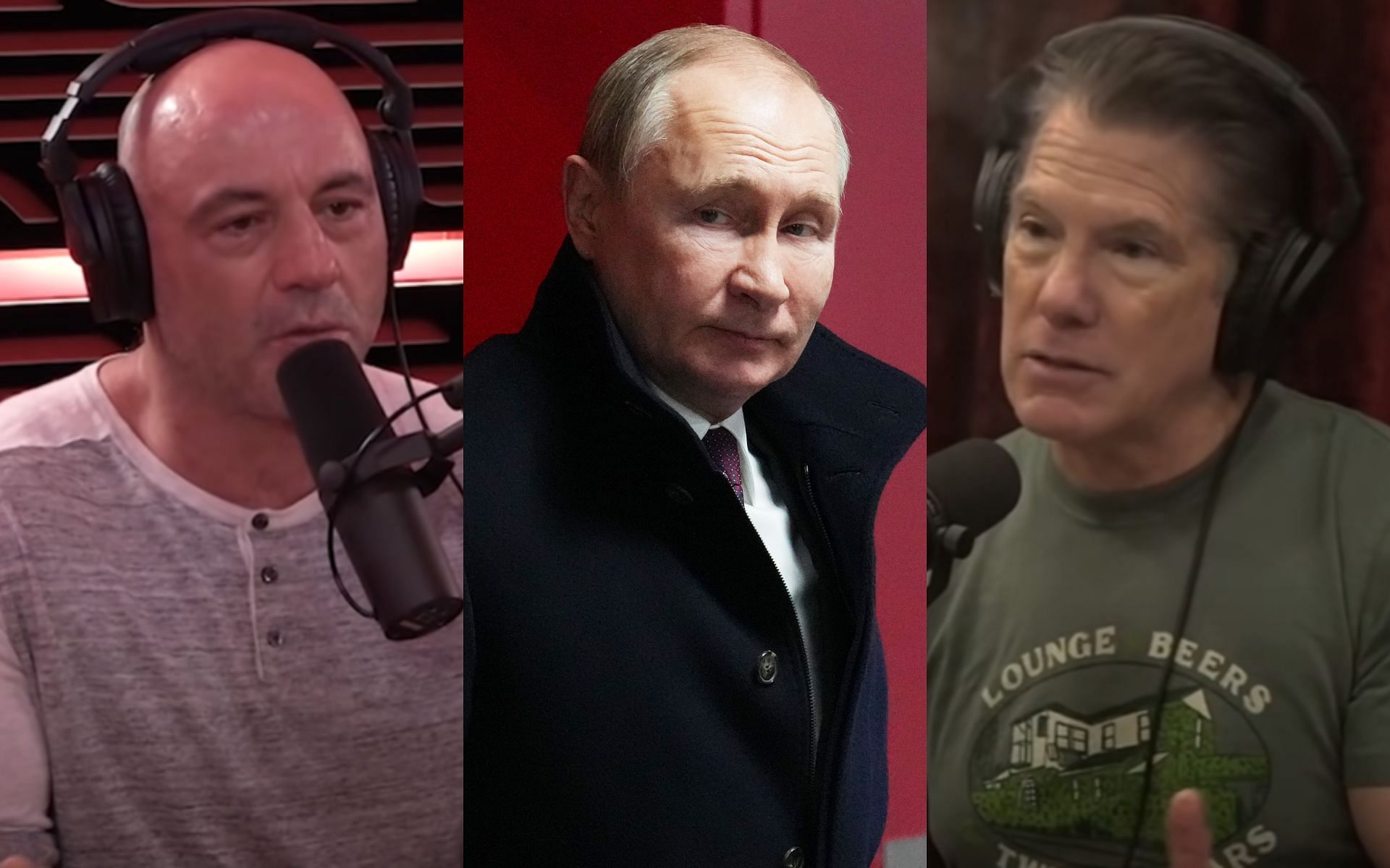 Joe Rogan (left) Vladimir Putin (center) Mike Baker (right) (image courtesy @PowerfulJRE YouTube)