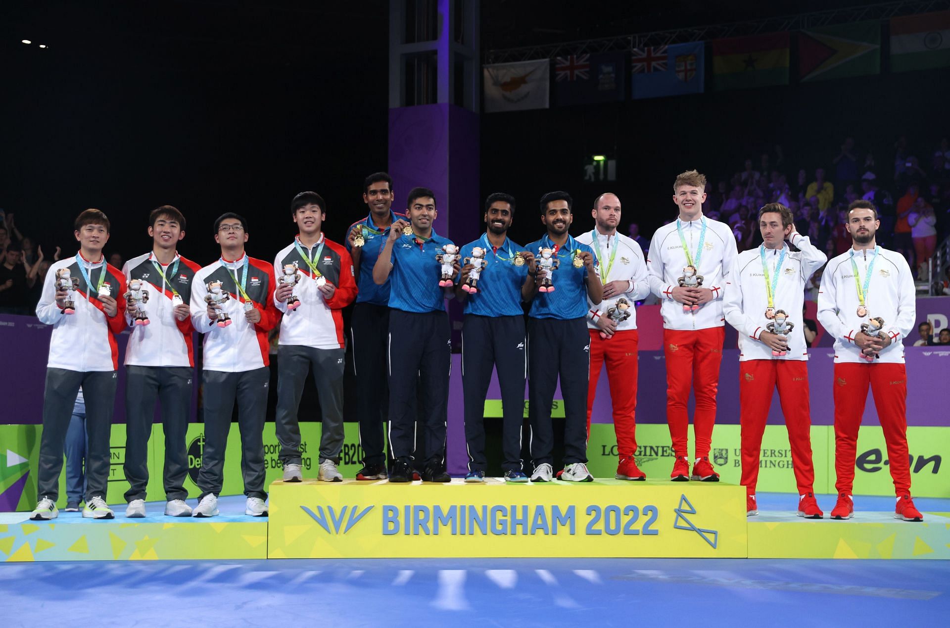 The Indian men&#039;s table tennis on the podium after winning the gold medal. Singapore won the silver medal while England won the bronze. (PC: Getty Images)