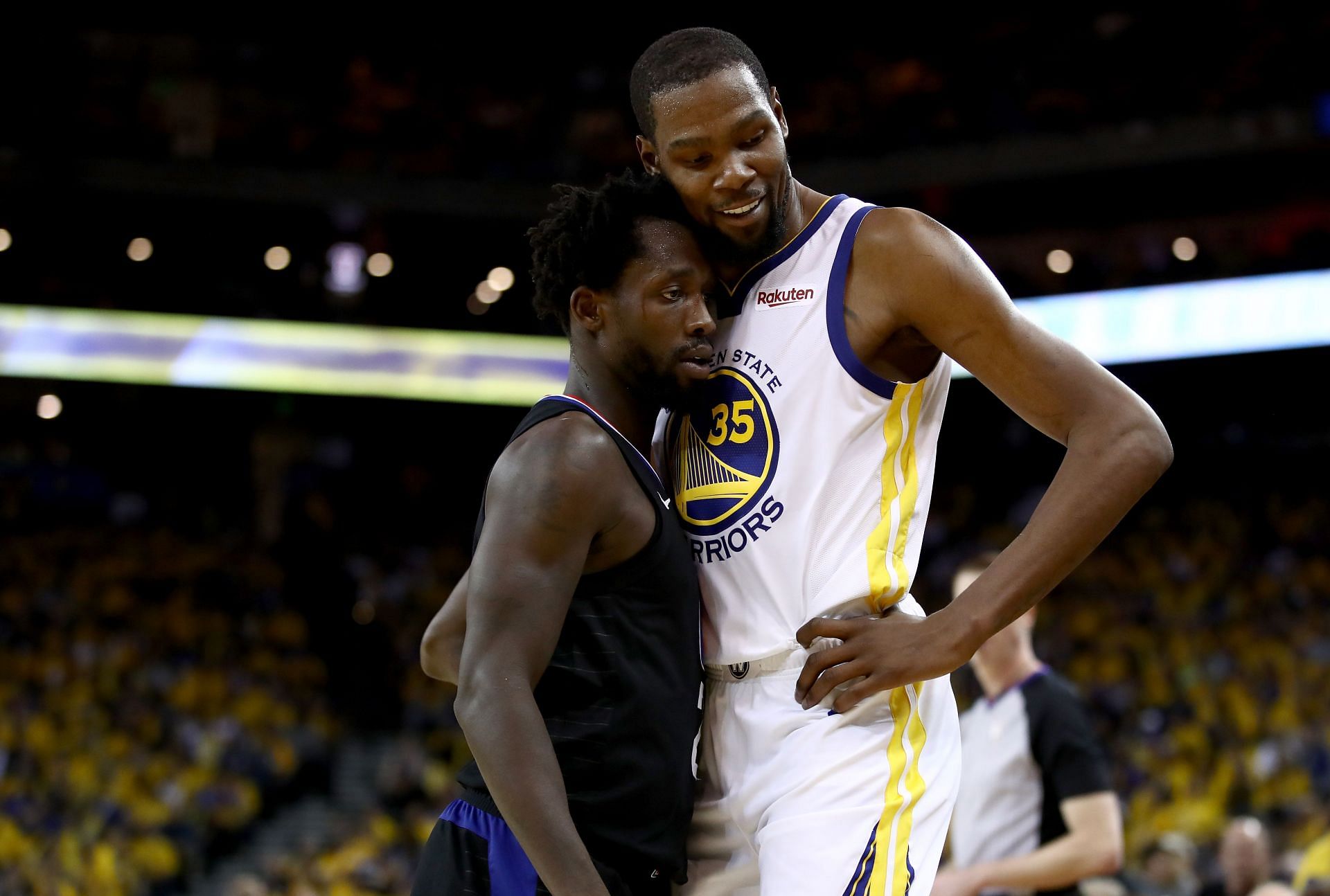 Patrick Beverley of the LA Clippers, left, plays tight defense on Kevin Durant of the Golden State Warriors in the 2019 NBA Finals.