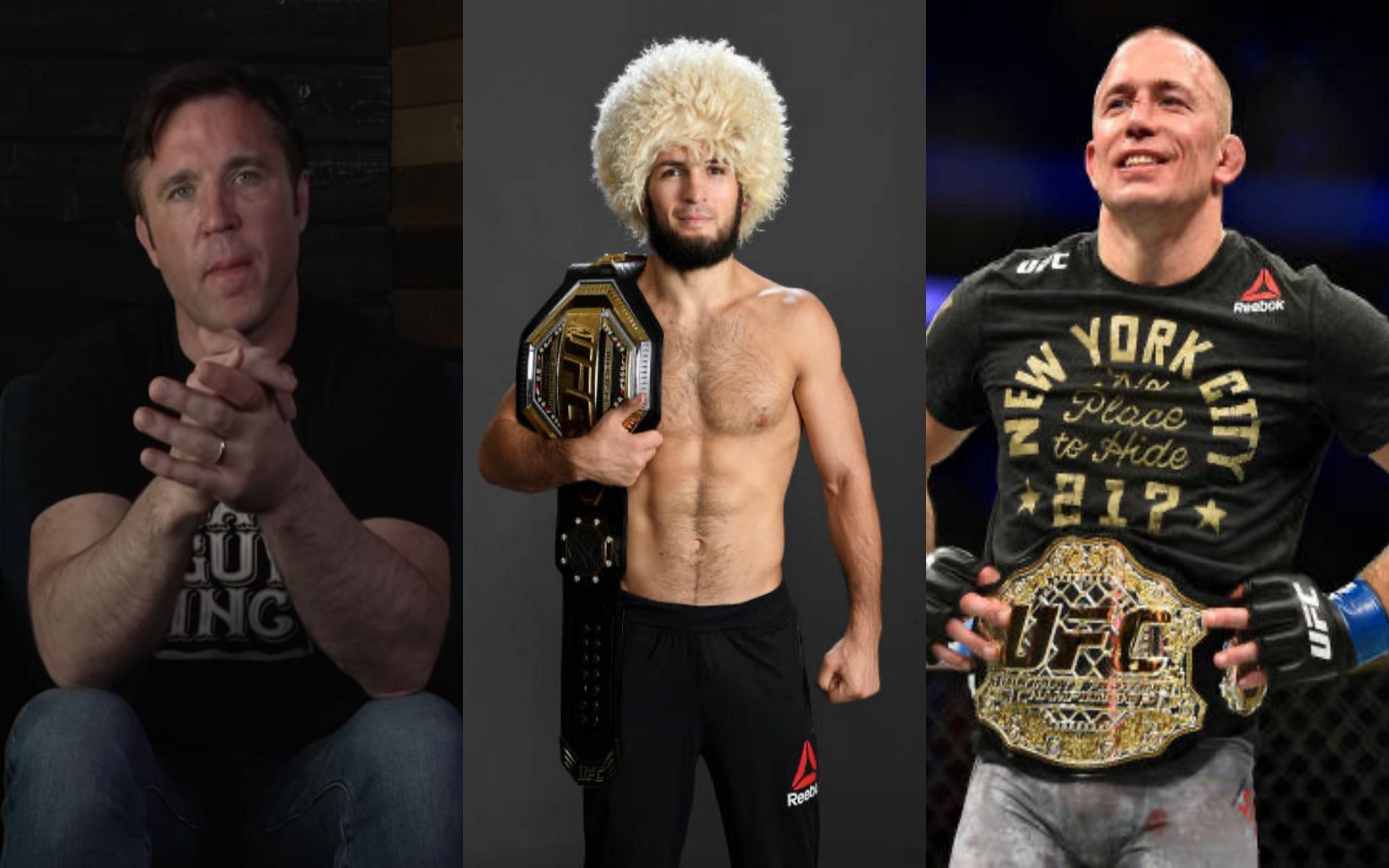Chael Sonnen (left), Khabib Nurmagomedov (middle), and Georges St-Pierre (right) [ Images Courtesy: Getty and @sonnench on Instagram]