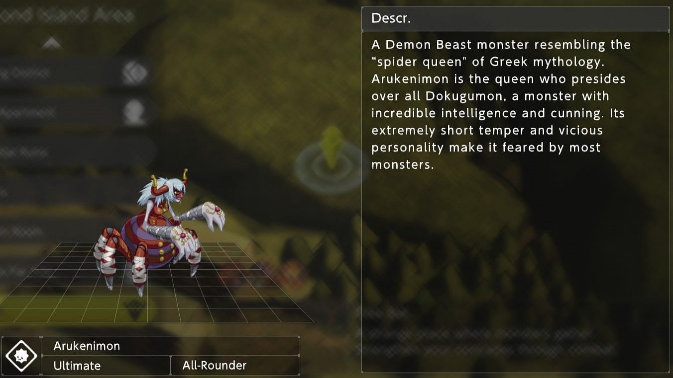 A look at the in-game description for Arukenimon in Digimon Survive (Image via Bandai Namco)