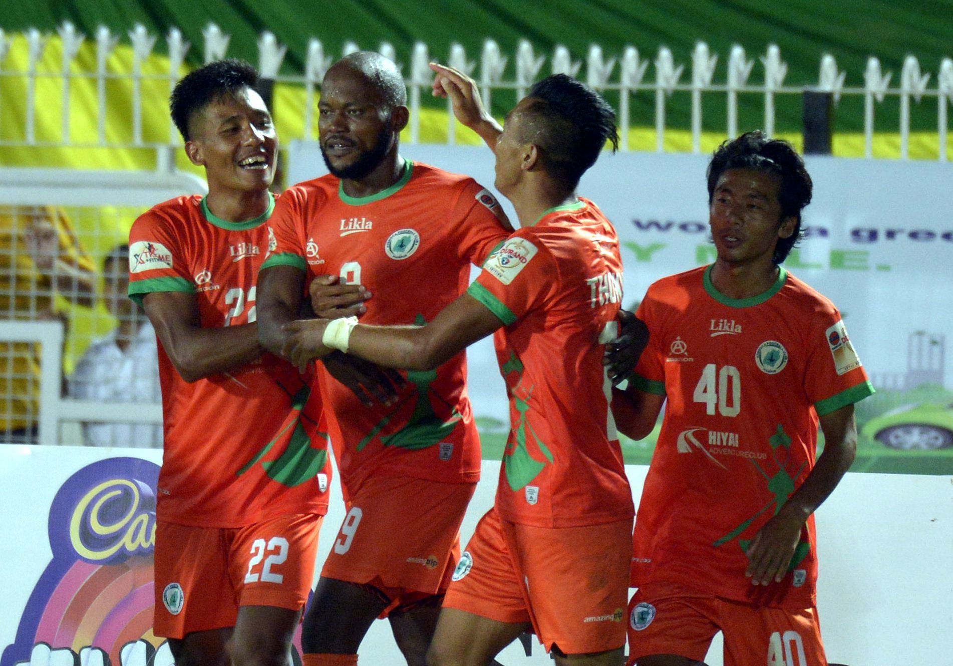 NEROCA FC players celebrate during their win against TRAU FC. [Credits: Suman Chattopadhyay/www.imagesolutionr.in]