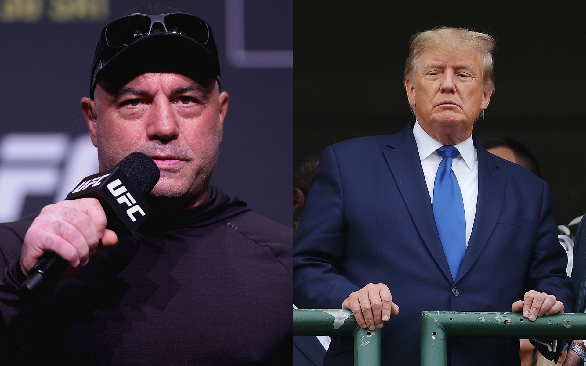 Joe Rogan (L) believes the FBI raid on Donald Trump (R) is to prevent him from running for the 2024 presidential elections