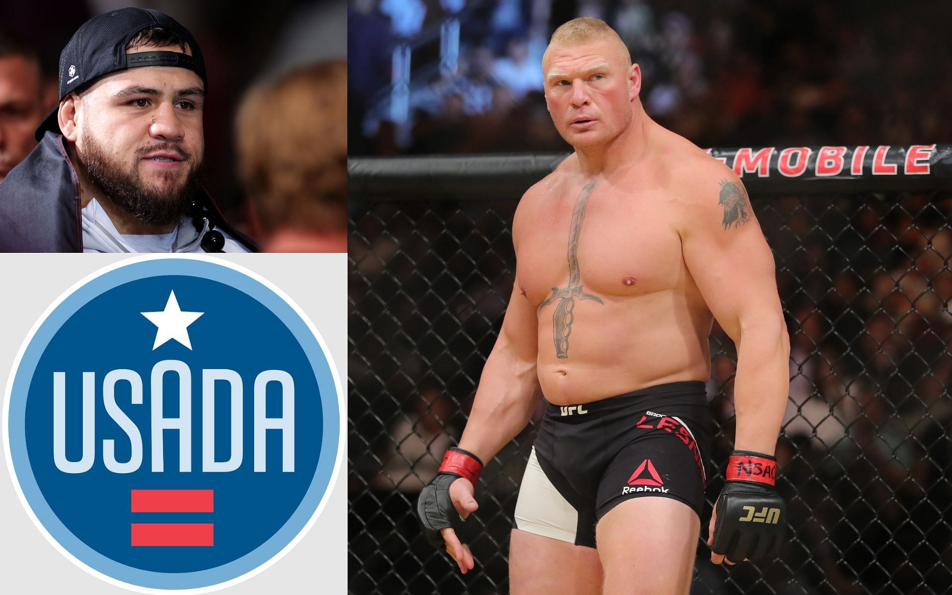 Tuivasa and Lesnar (top left and right, images courtesy of Getty); USADA logo (bottom left, image courtesy of www.usada.org)