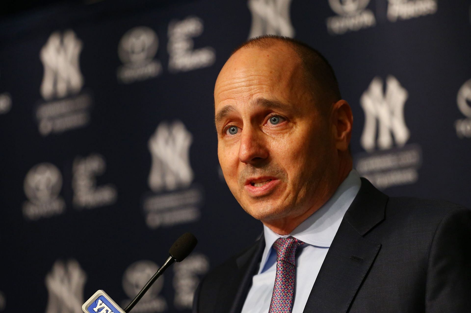 Brian Cashman speaks to the media prior to introducing Aaron Boone as New York Yankee manager.