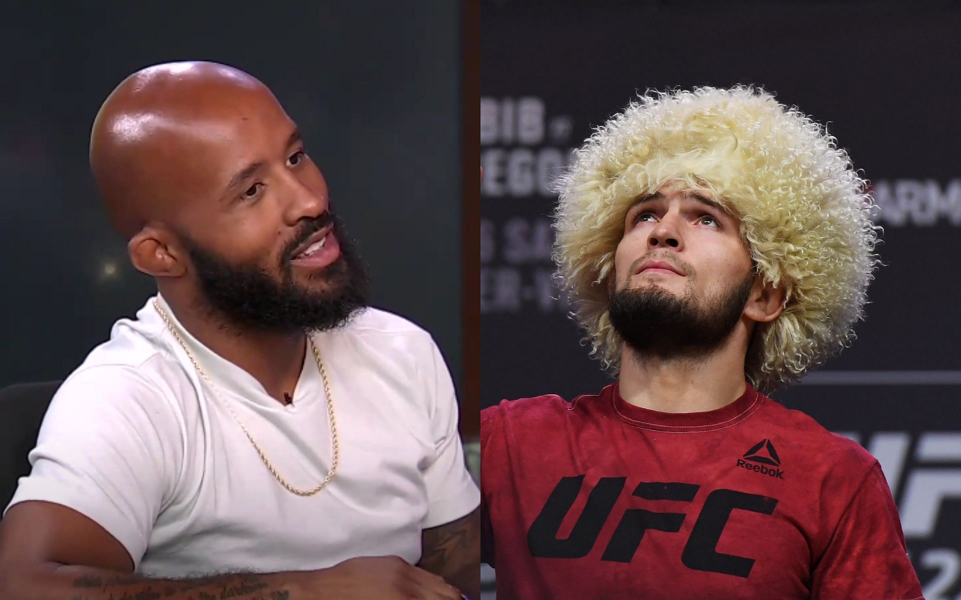 Demetrious Johnson (L) believes Khabib Nurmagomedov (R) would have lost a fight if he still competed in the UFC [Credits: The MMA Hour/YouTube, Getty]
