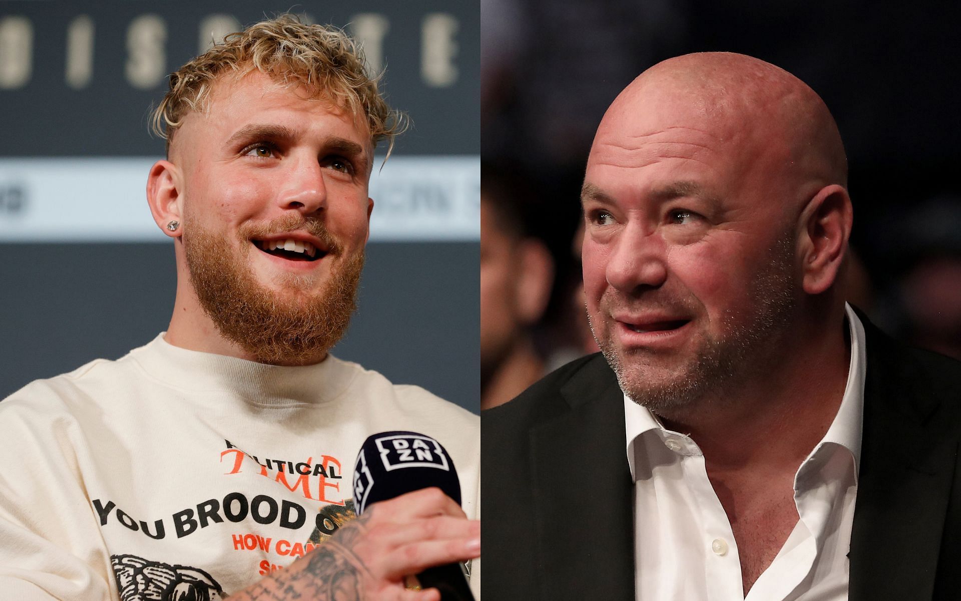 Jake Paul (L) took another dig at Dana White (R) on Twitter regarding the fighter pay situation in the UFC