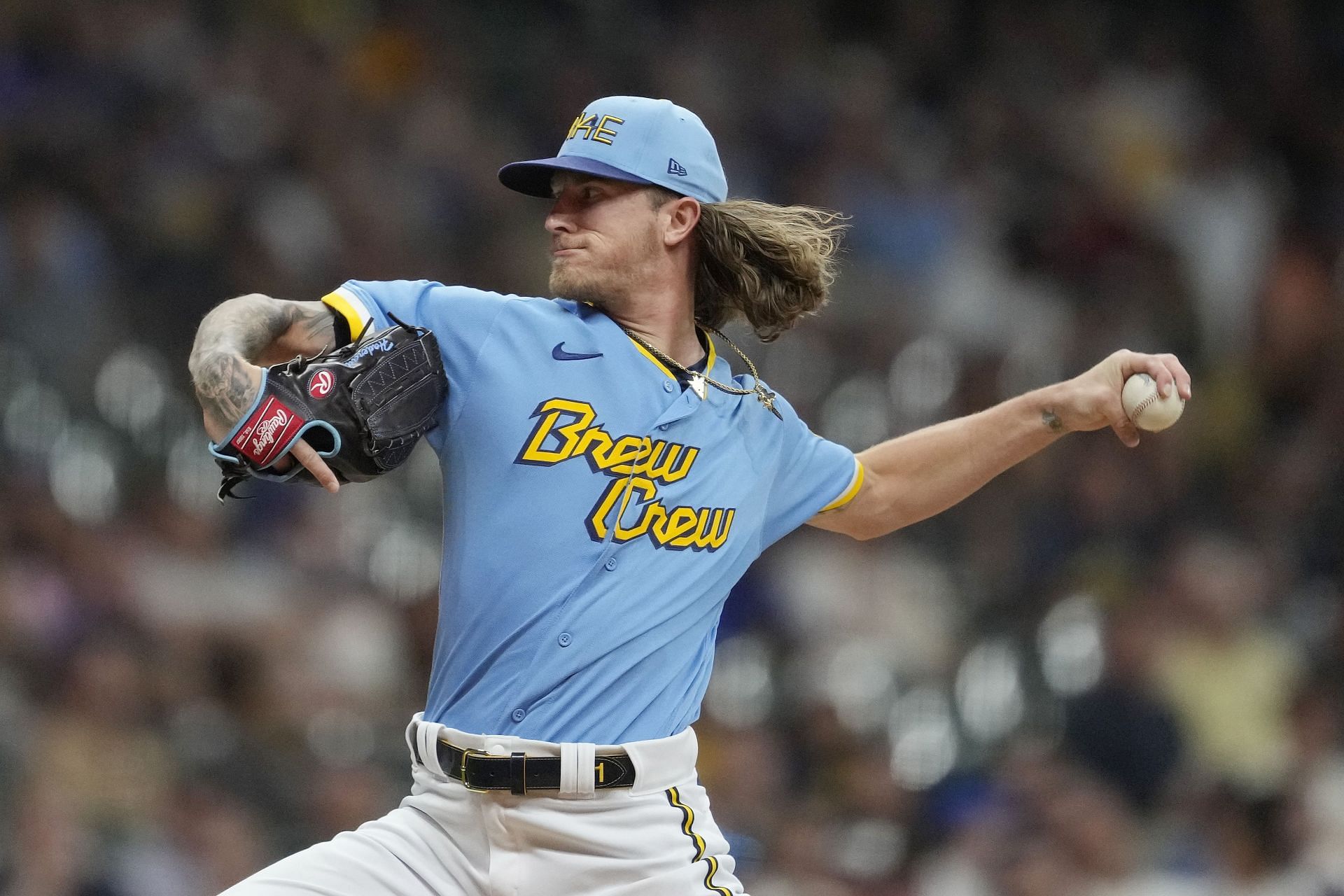 Josh Hader pitches during an MLB Pittsburgh Pirates v Milwaukee Brewers game in Milwaukee, Wisconsin.