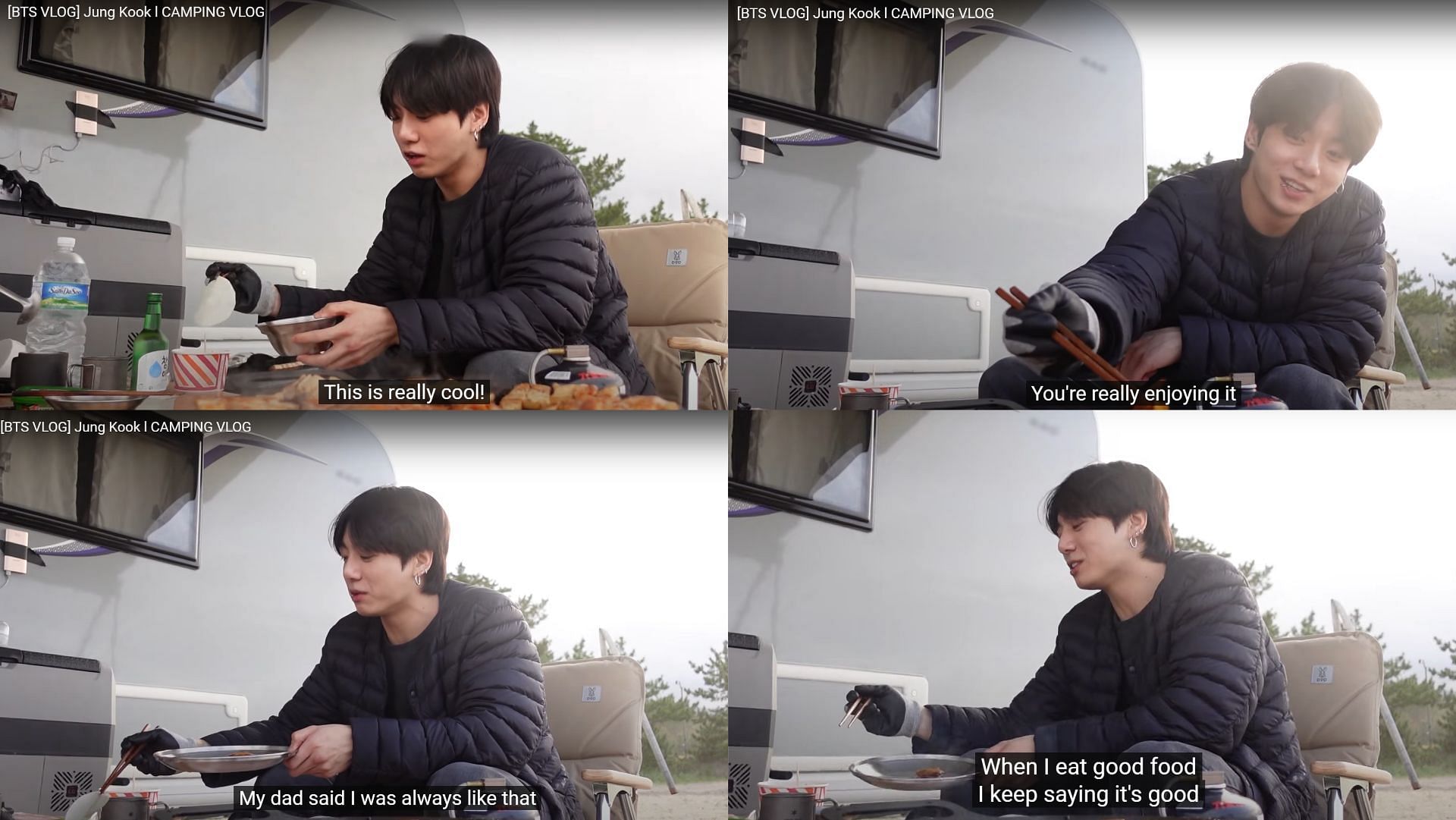 The BTS maknae savoring his food while on his camping vlog. (Images via Youtube/BangtanTV)