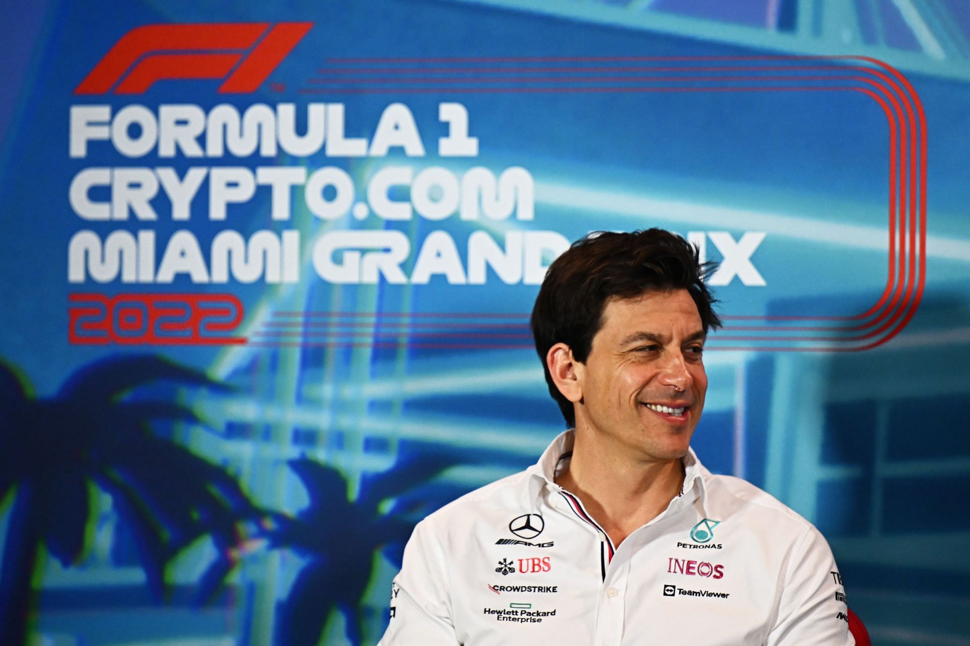 Mercedes GP executive director Toto Wolff talks in the Team Principals Press Conference before final practice ahead of the F1 Grand Prix of Miami at the Miami International Autodrome on May 07, 2022, in Miami, Florida (Photo by Clive Mason/Getty Images)