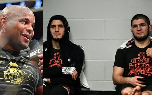 Daniel Cormier (left) and Islam Makhachev and Khabib Nurmagomedov (right).