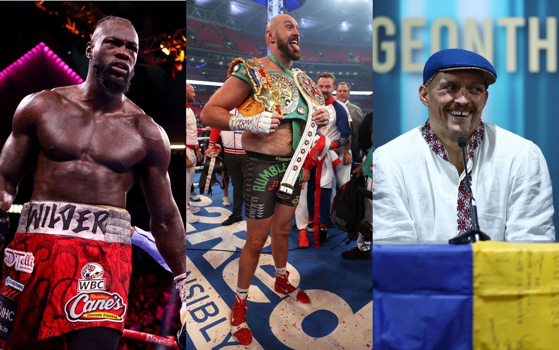 Deontay Wilder (L), Tyson Fury (M), and Oleksandr Usyk (R).