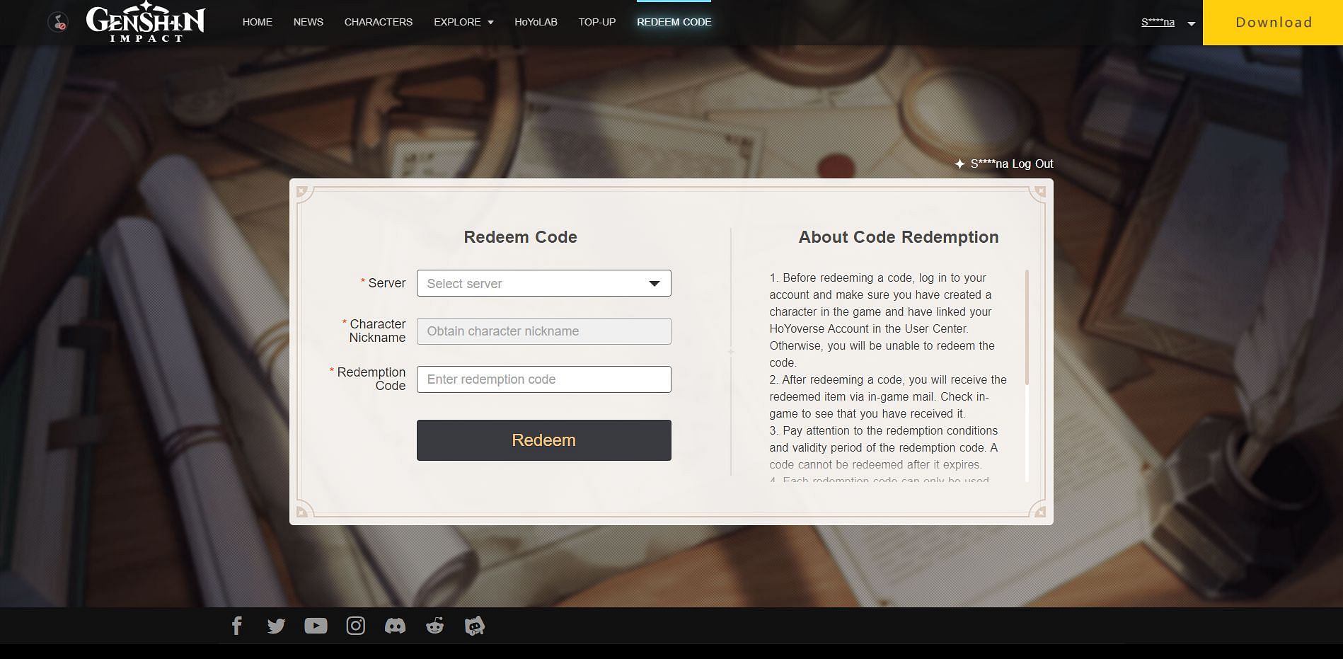 Official redemption code website (Image via HoYoverse)