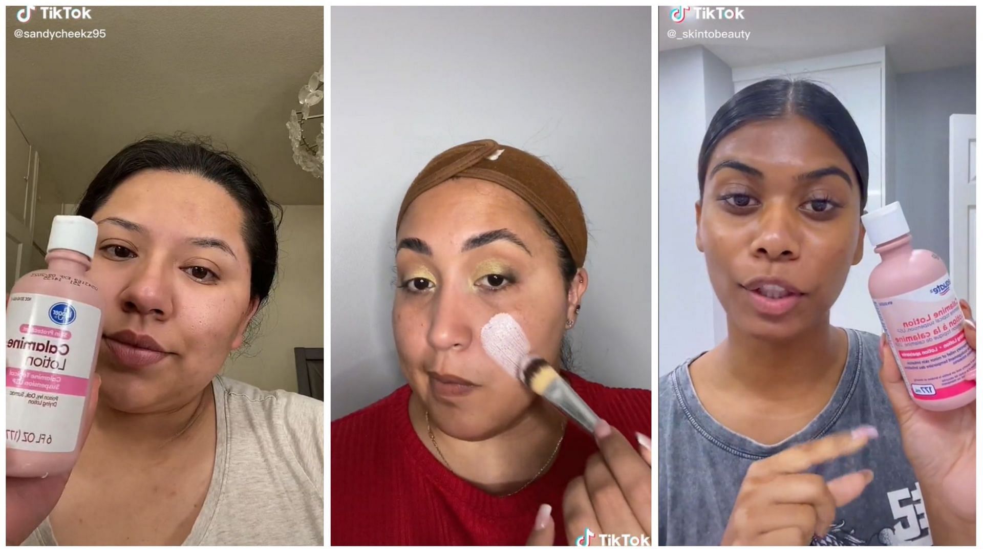 TikTokers are using calamine for makeup primer (Image via @sandyckeekz95, @jiseniab, @_skintobeauty/TikTok)