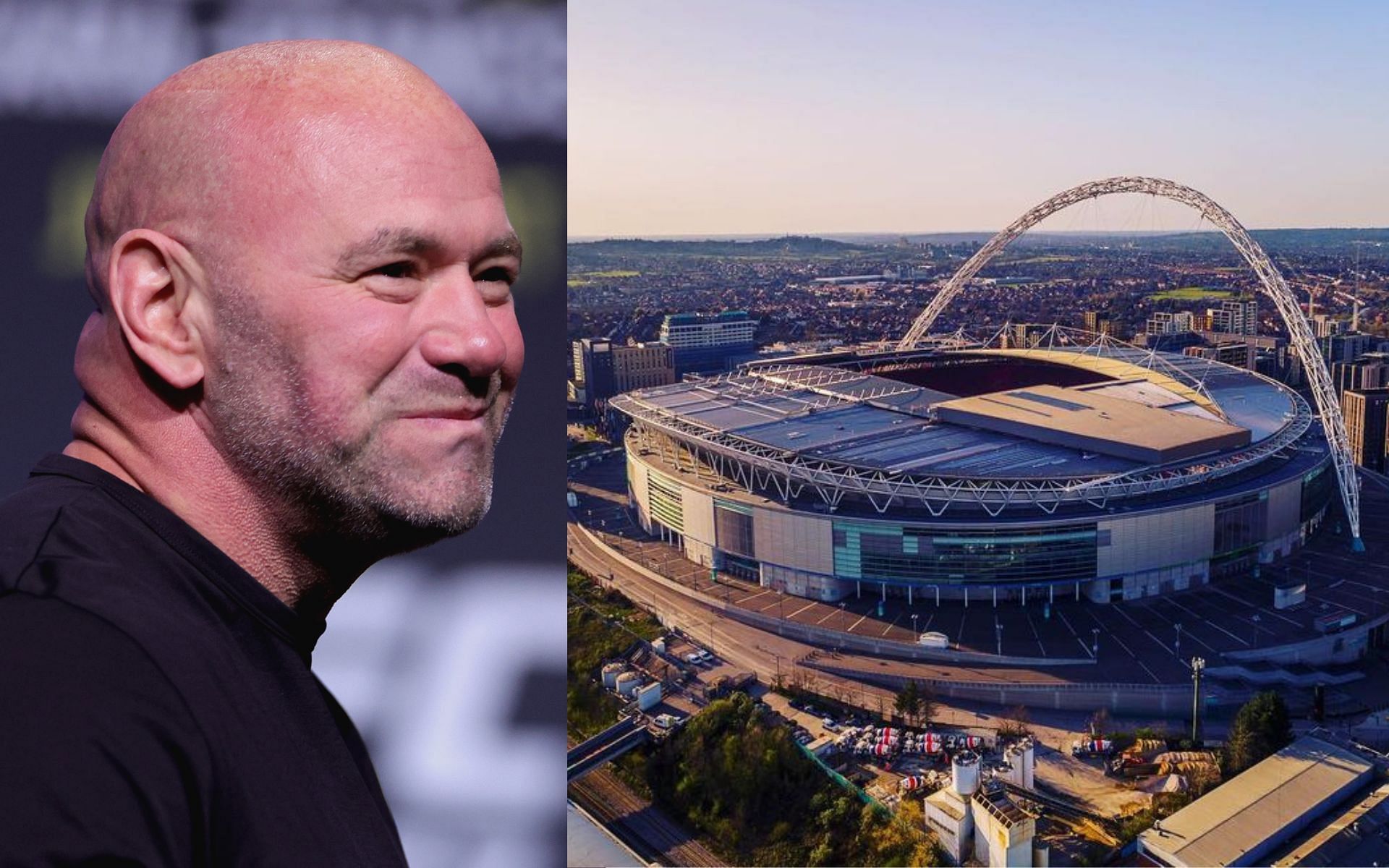 Dana White (left) Wembley stadium (right) (image courtesy @wembleystadium Instagram)