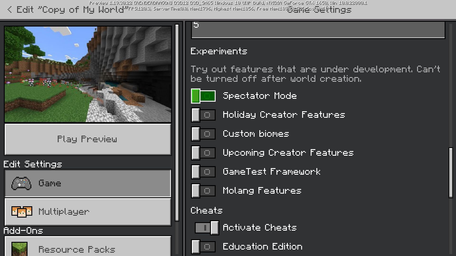 Spectator mode is currently under experimental settings in Minecraft beta 1.19.30.22 (Image via Mojang)