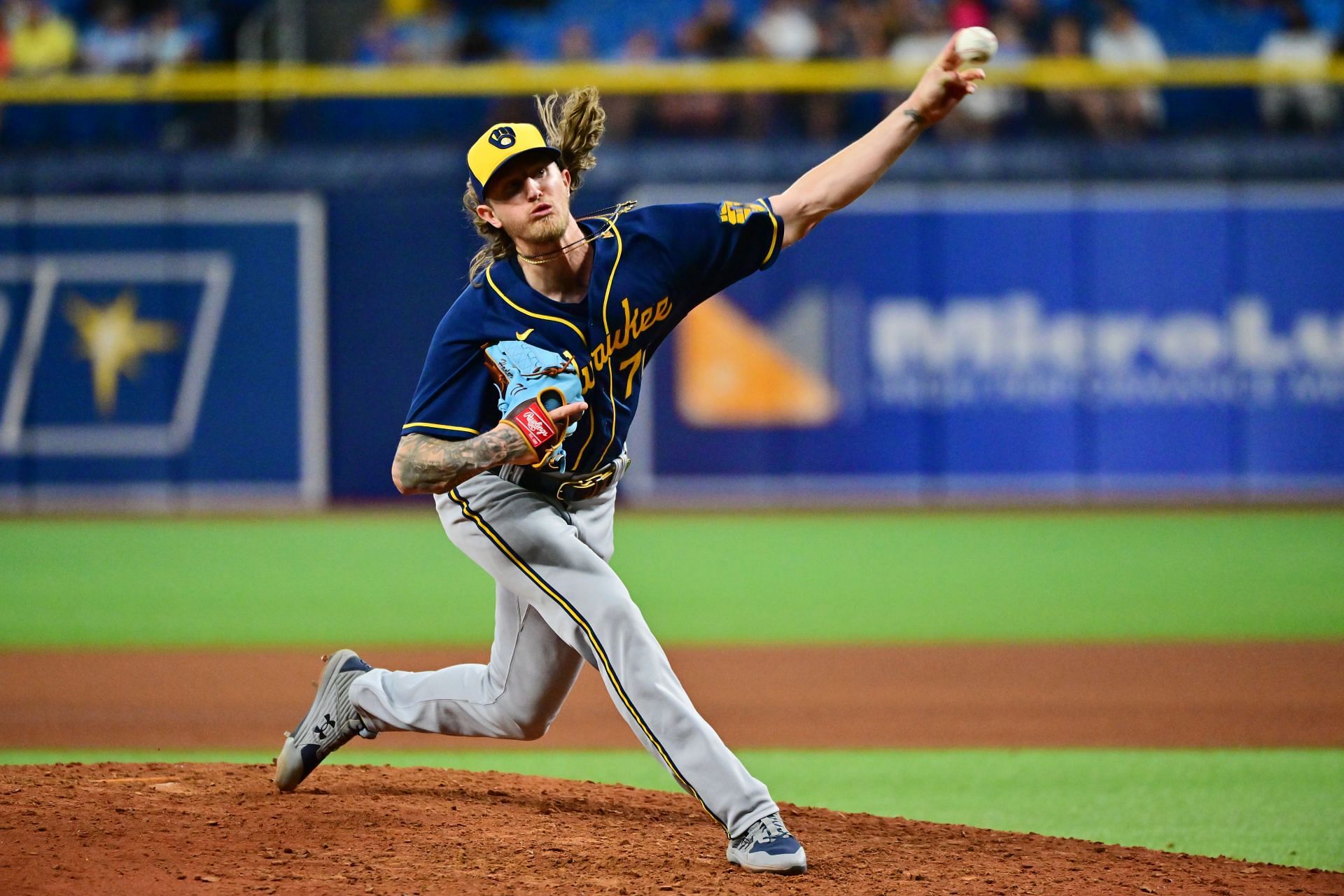 Josh Hader delivers a pitch in the ninth inning against the Tampa Bay Rays at Tropicana Field.