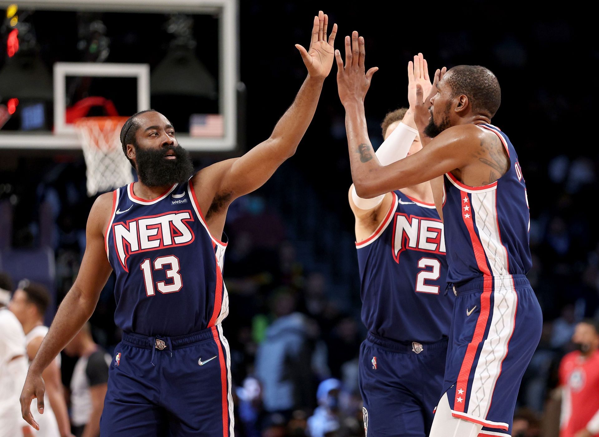 Kevin Durant and James Harden during their stint together on the Brooklyn Nets.