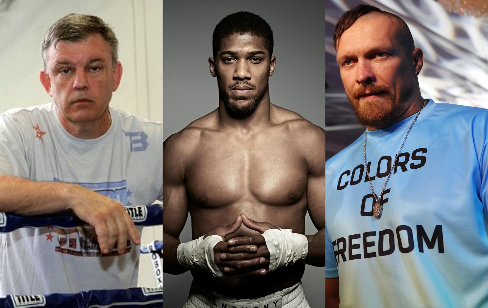 Teddy Atlas (left), Anthony Joshua (center), and Oleksandr Usyk (right)