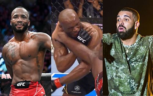 Leon Edwards (left), Edwards KOs Kamaru Usman (center), Drake (right) [Images courtesy: Getty and @ufc via Instagram]