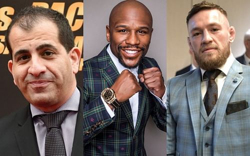 Stephen Espinoza (left), Floyd Mayweather (center) and Conor McGregor (right)