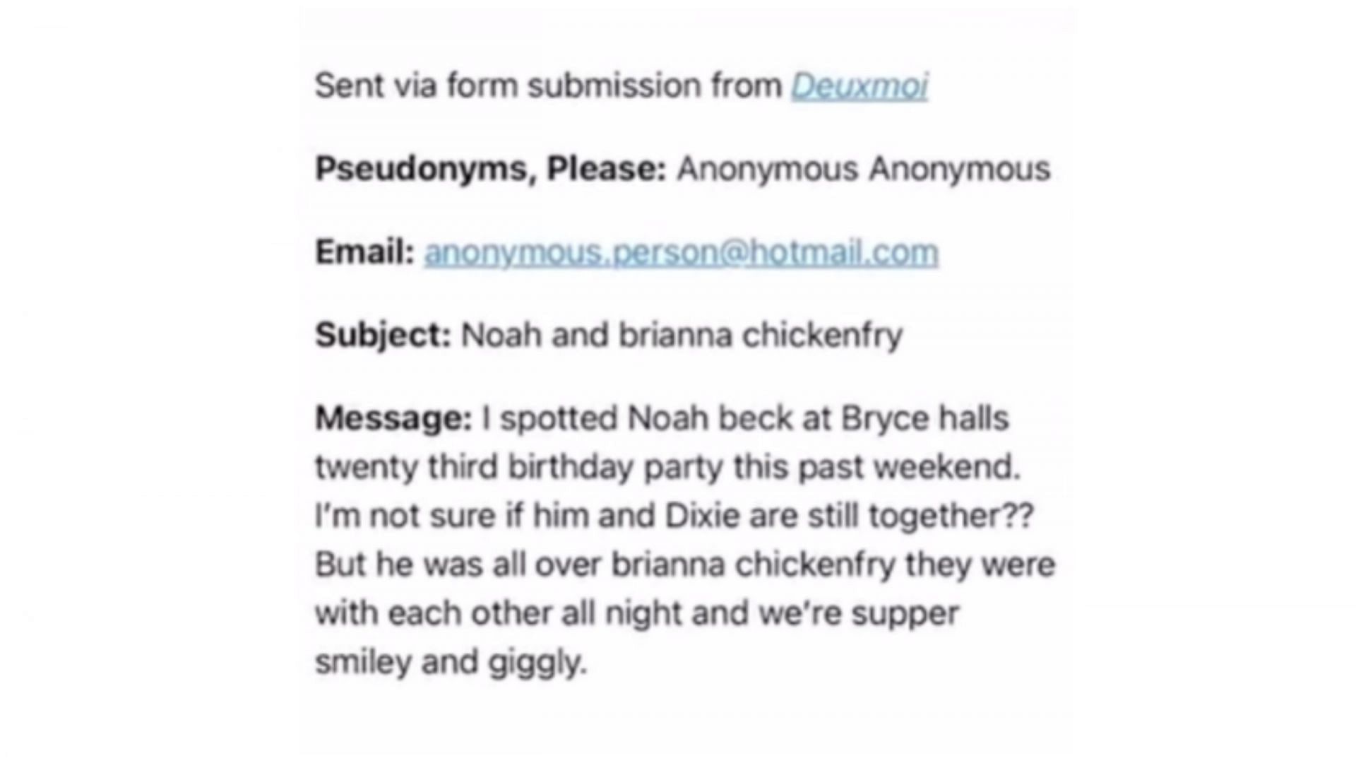 Claims made by Deuxmoi regarding Noah Beck and Brianna Chickenfry (Image via BFFS/YouTube)