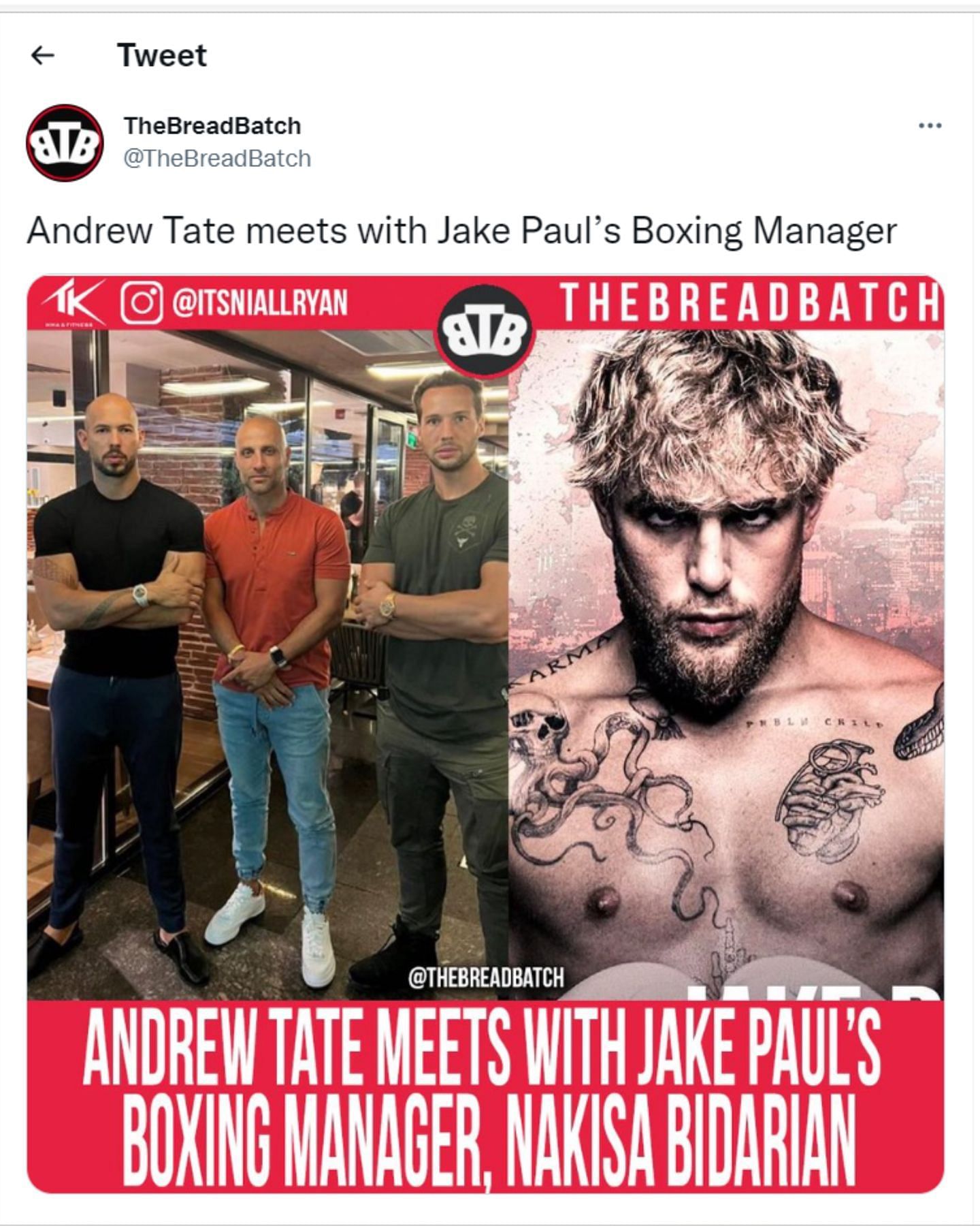 Jake Paul&#039;s boxing manager posing with Andrew Tate (Image via TheBreadBatch/Twitter )