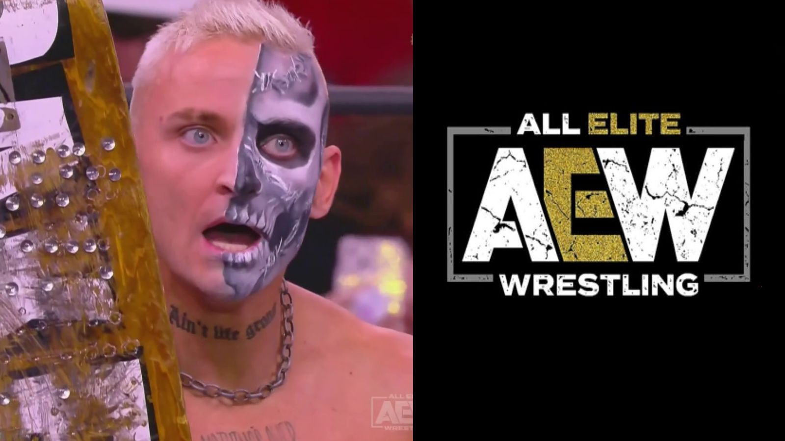 Darby Allin, holding one of his signature skateboards riddled with thumbtacks.