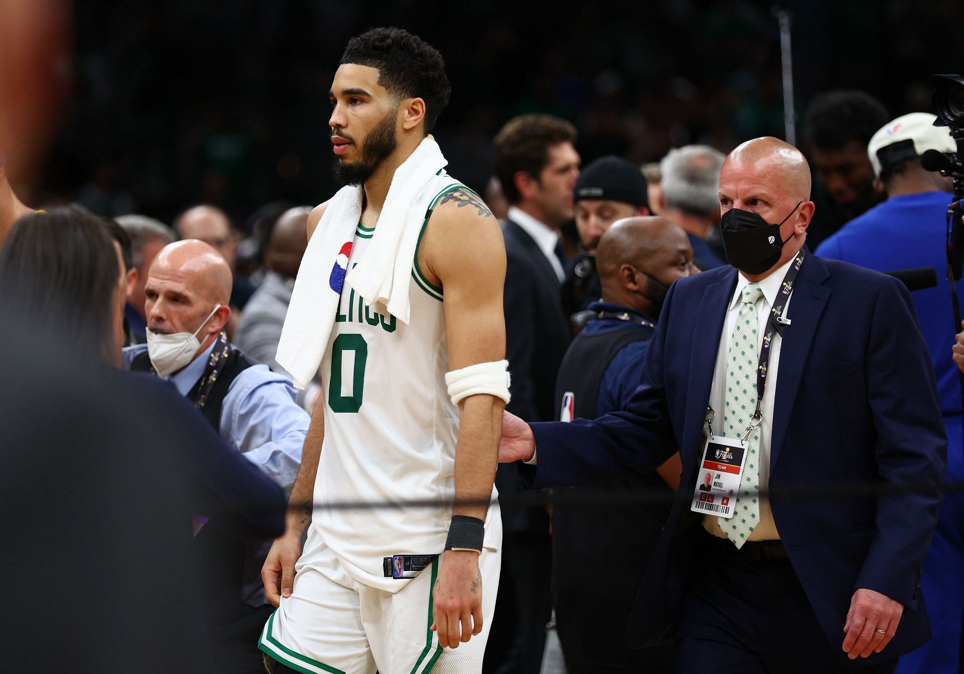 Jayson Tatum of the Boston Celtics walks off the floor after losing in the 2022 NBA Finals
