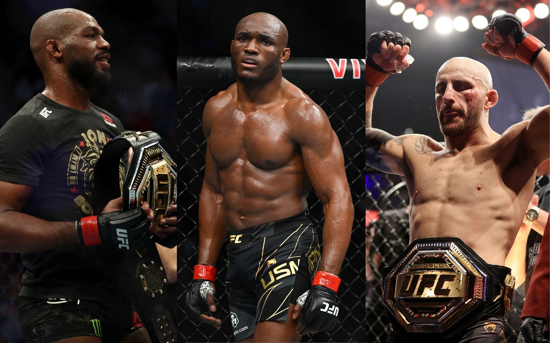 Jon Jones (left), Kamaru Usman (center), and Alexander Volkanovski (right)