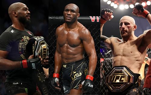 Jon Jones (left), Kamaru Usman (center), and Alexander Volkanovski (right)