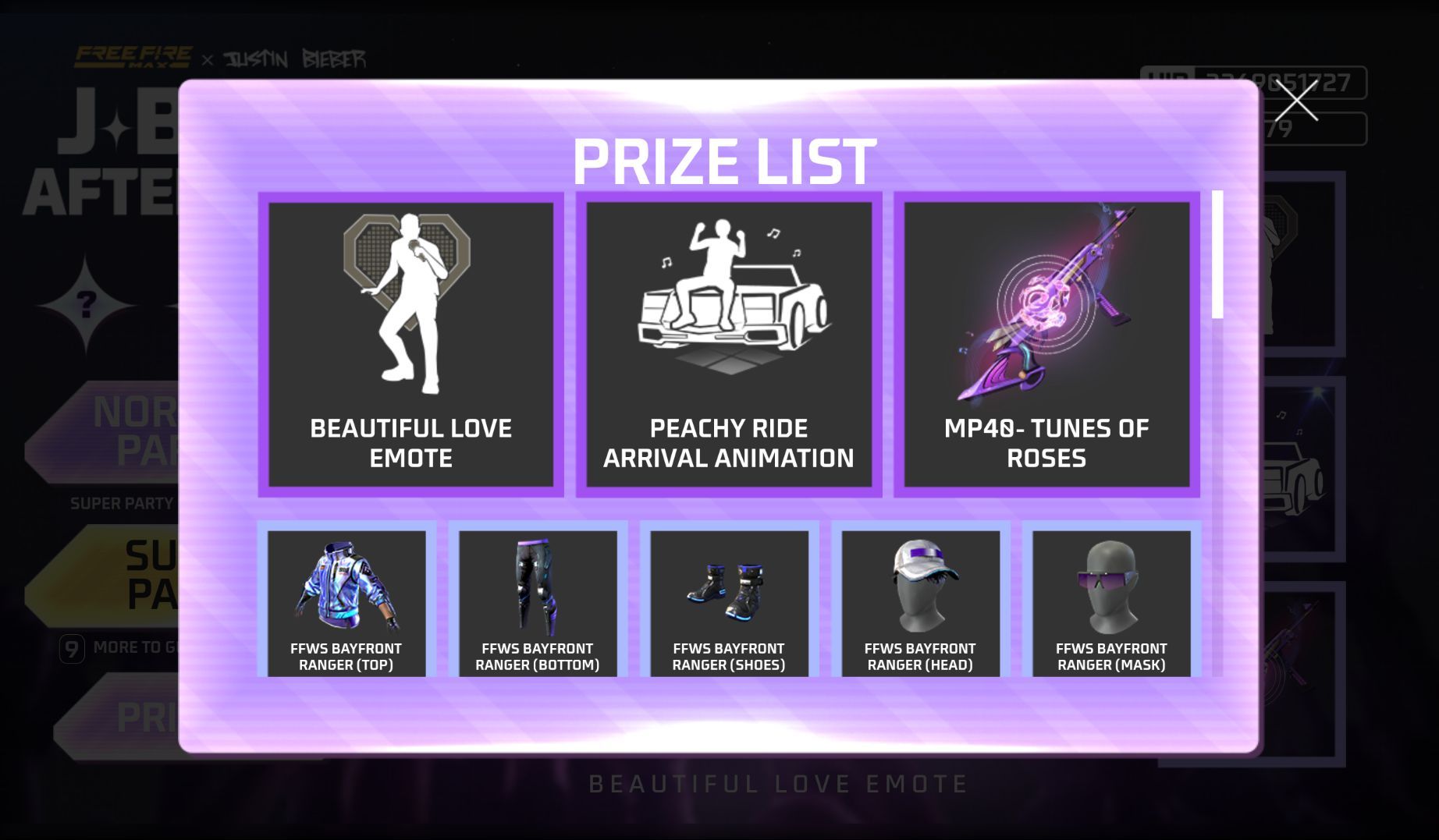 The entire prize list of the event (Image via Garena)