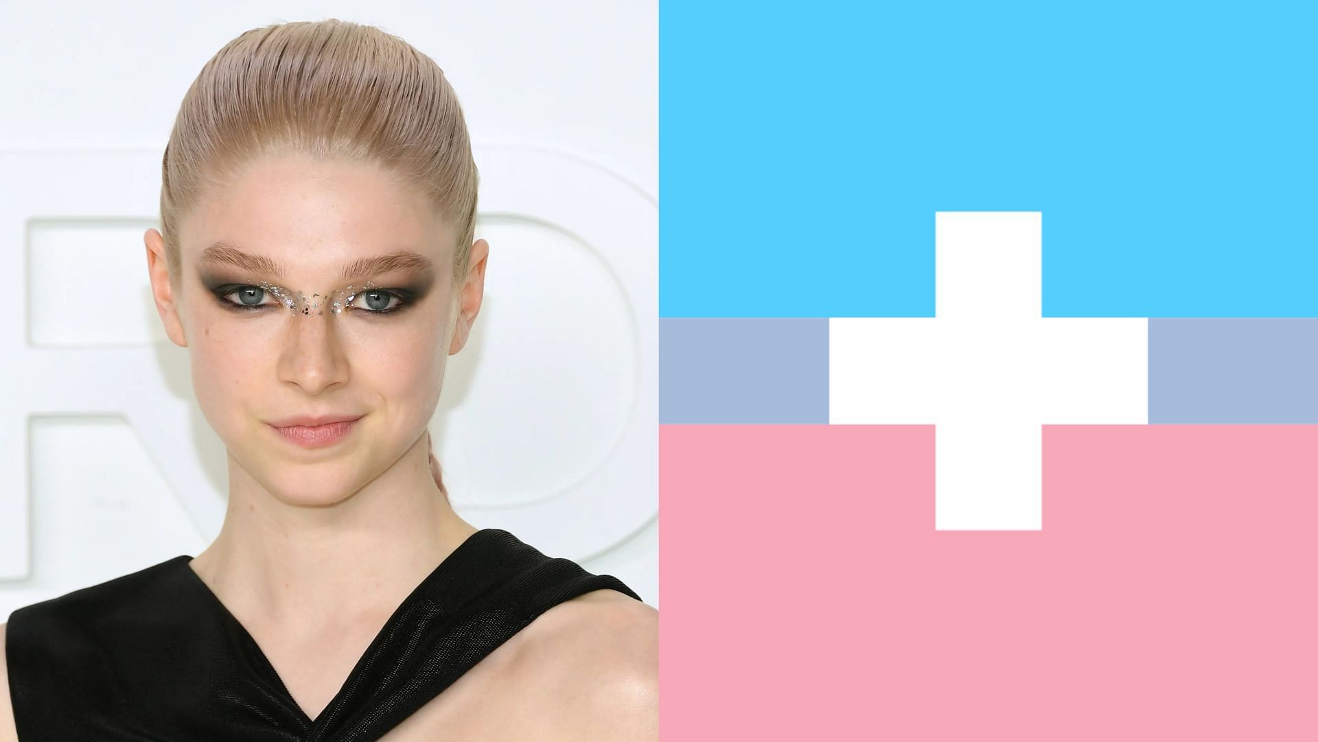 Hunter Schafer and the Transmedicalism flag (Image via Mike Coppola/Getty Images, and Luna/Moonwater21/UploadWizard)