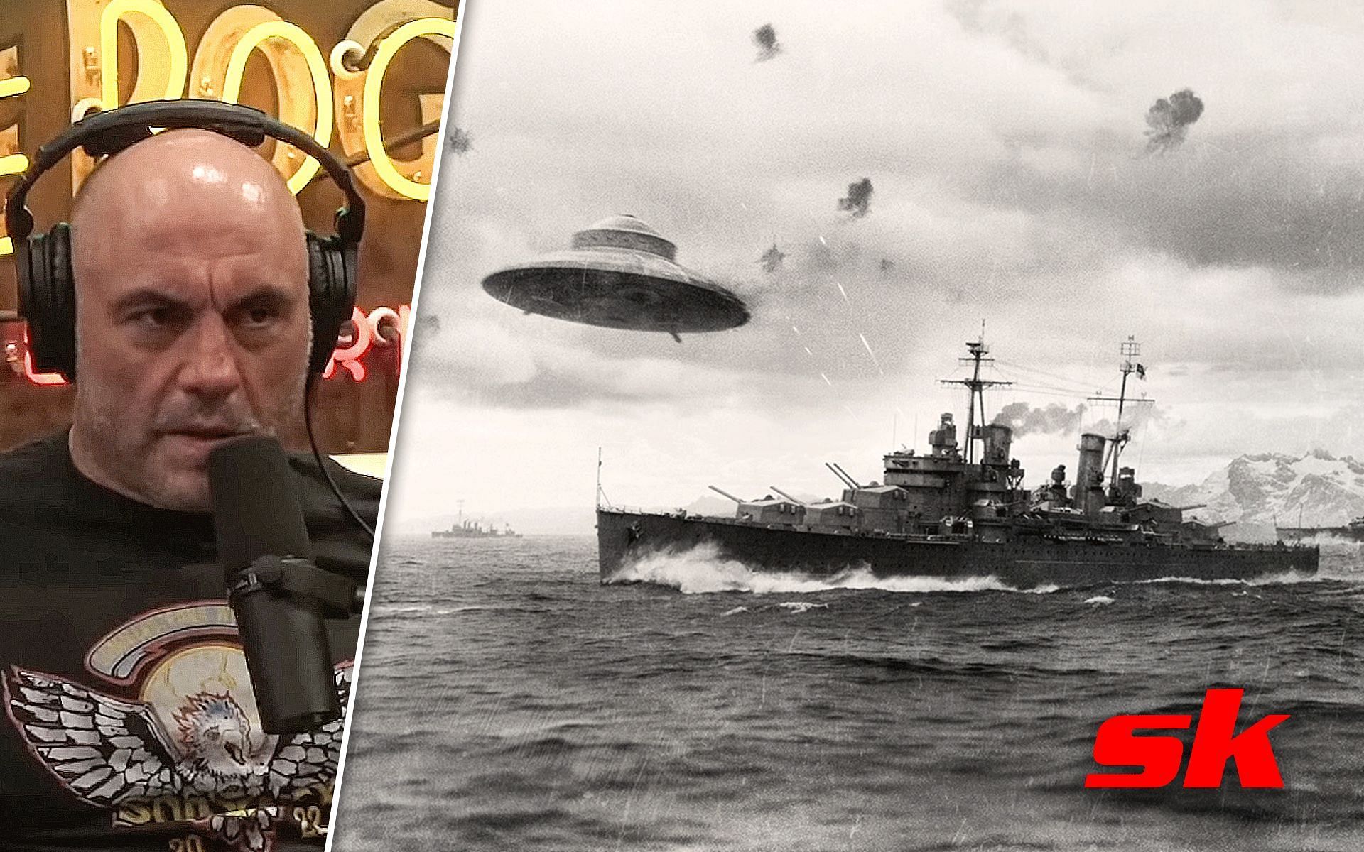 Joe Rogan (left), UFO and Warship (right) [Images courtesy of PowerfulJRE on Youtube and Medium.com]